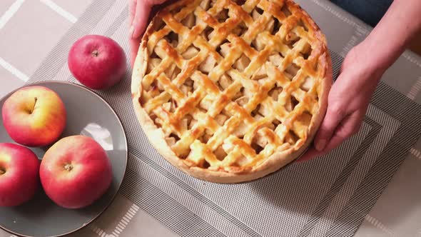 Apple Pie Cake Preparation Series Woman's Hands Put Freshly Baked Traditional American Fall Dessert alt