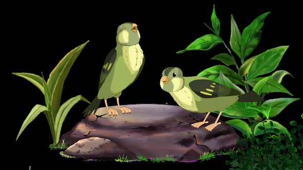 Little green birds sitting on a stone