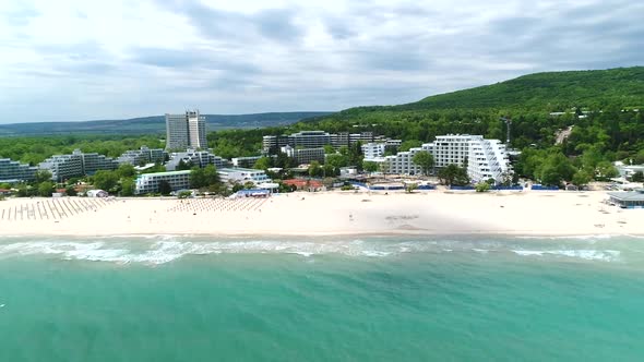 Aerial view of the beach and hotels in Albena, Bulgaria. Albena is a major Black Sea resort alt