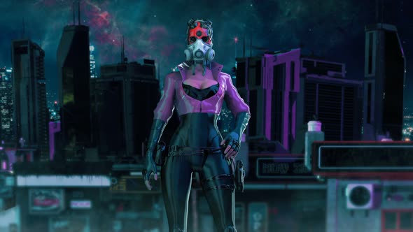 female cyborg in cyberpunk scenery
