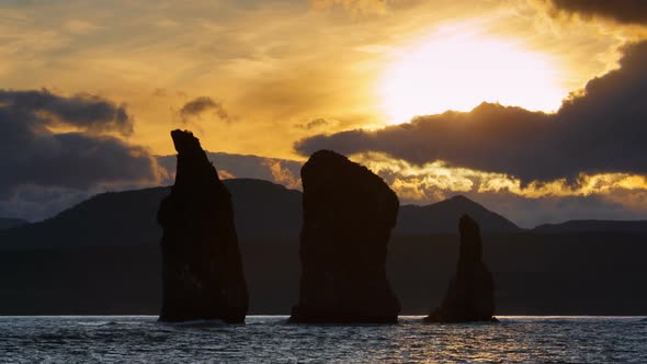 Kamchatka Peninsula Seascape: Three Brothers Rocks in Avacha Bay (Pacific Ocean) at Sunset