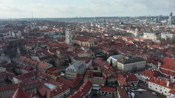 AERIAL: Vilnius Old Town with Medieval Houses with Red Roofs