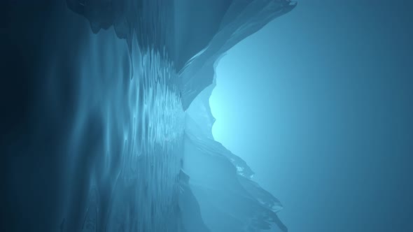 Vertical Blue Hazy 3D Rendered Terrain Landscape with Looping Calm Water alt