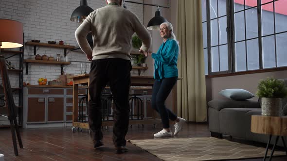 Joyful Aged Couple Dancing During Home Leisure alt