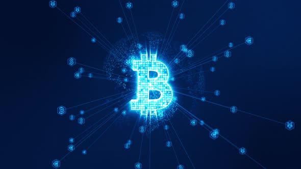 Blue digital money and earth sphere with line connection and data transfer to futuristic technology