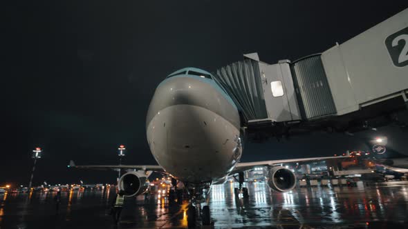 Korean Air aircraft with boarding bridge, night view at Sheremetyevo Airport alt