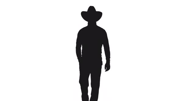 Black And White Silhouette Of Confident Man In Cowboy Hat Walking