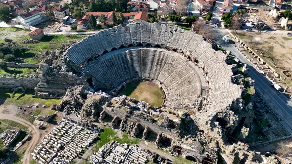 Aerial Footage of the Antique Theater 4 K . Side, Turkey alt