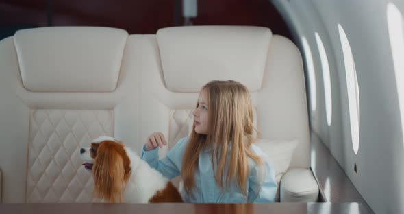 Stewardess Taking Order From Little Girl with Dog in First Class Cabin alt