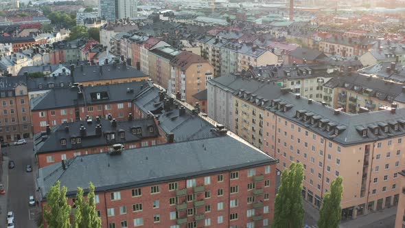 Stockholm, Sweden. Panoramic aerial drone flying over rooftop buildings alt