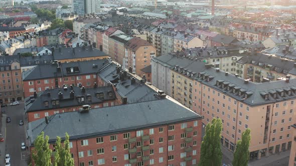 Stockholm, Sweden. Panoramic aerial drone flying over rooftop buildings