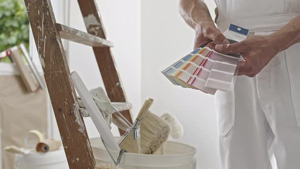 hands of house painter man decorator choose the color using the sample swatch