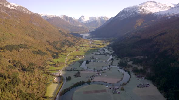 Stryn Town and Valley With Beautiful Winding River in the Early Morning alt