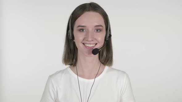 Smiling Call Center Woman with Headset on White Background alt