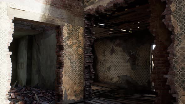 Destroyed Building and Pile of Debris After War alt