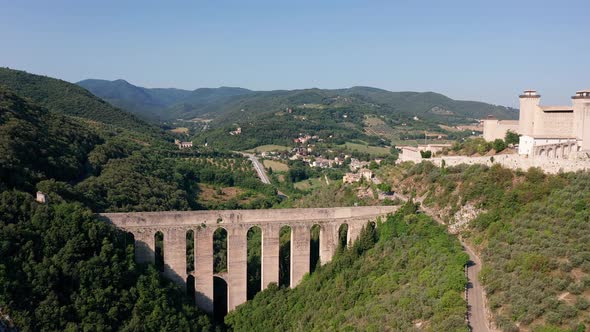 An aerial view of Spoleto bridge of towers