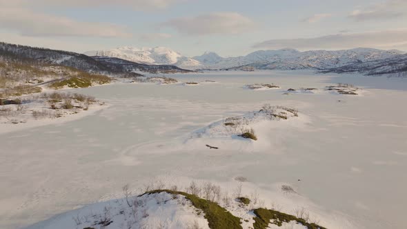 An eagle flying above a frozen lake in northern Norway. Skogsfjordvatnet, Ringvassøya.4K drone shot alt