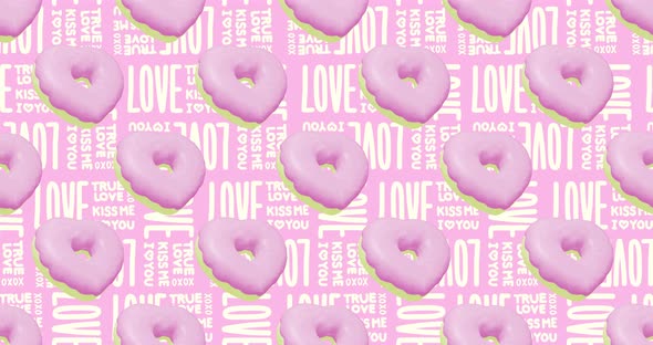 Minimal motion 3d art. Donuts hearts seamless animation pattern.Text Love.