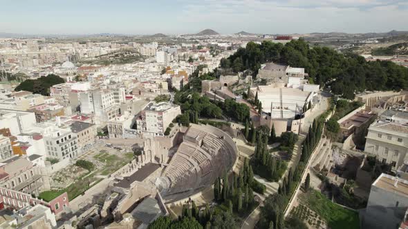 Aerial view ancient Cartagena Roman Theater, near Torres park viewpoint, Spain