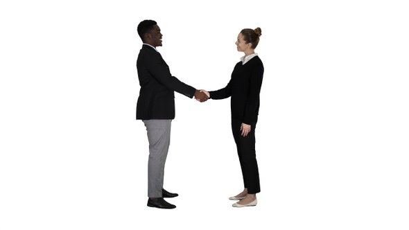 Business People Meet and Shake Hands on White Background. alt