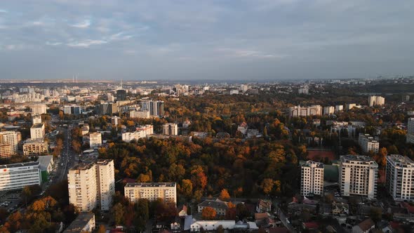 Aerial drone view on Chisinau city in autumn season. Dendrarium park. Moldova alt