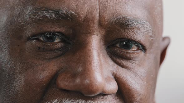 Macro Extreme Close Up Half Part of Face Elderly Middleaged African Old Wrinkled Man with Dark Eyes alt