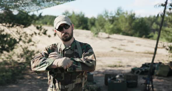Soldier Military Territorial Defense Team Man Dressed in Moro Clothes Black Glasses Stands Against alt
