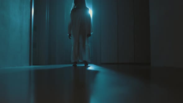 Ghost Girl In White Nightgown With Loose Hair In A Scary House, Stock ...