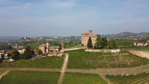 Grinzane Cavour Medieval Castle in Langhe, Piedmont Italy Aerial View alt