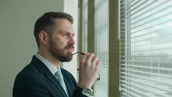 Thinking Process Focused Businessman in a Suit Stands at the Panoramic Window in the Office and alt