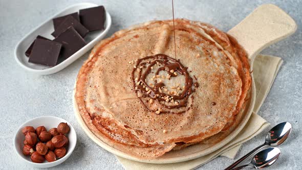 Pancakes with chocolate and nuts. Maslenitsa. Shrove tuesday