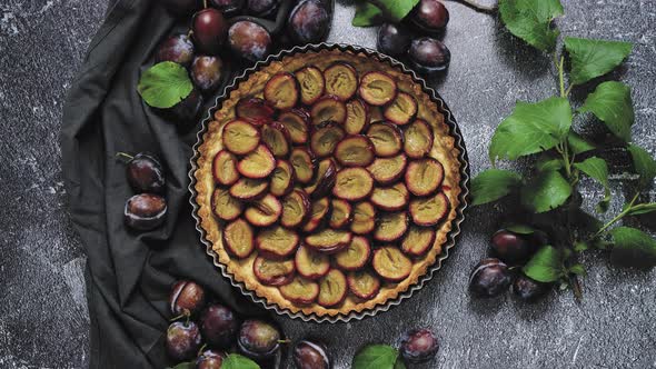 Homemade Delicious Plum Tart with with Sugar Powder Placed on the Table