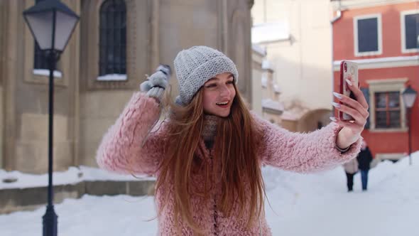 Tourist Woman Blogger Making Video Call on Mobile Phone Chat with Friends Distance Communication alt