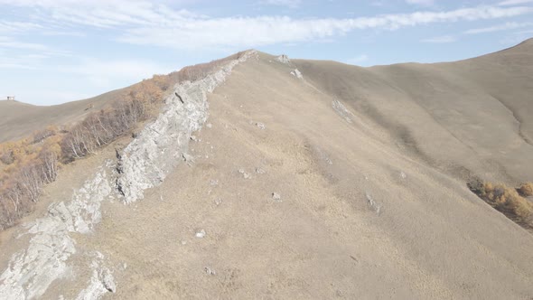Flying over beautiful mountains in Bakuriani. Aerial view of Autumnal forest. Georgia alt