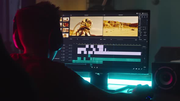 Teenager Editing Astronaut Video at Night alt
