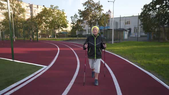 Active Rest of the Elderly Theme. Sports and Health in Retirement. Caucasian Very Old Woman with alt