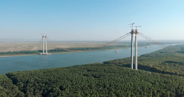 Danube River Spanned By Braila Bridge Under Construction With Towers And Main Cables In Romania alt