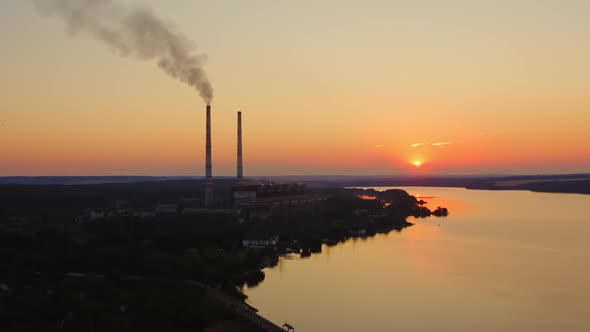 Sunset water horizon. Rural sunset river village landscape alt