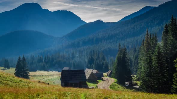 Mountain trail between cottages in the valley Chocholowska, Tatra Mountains, Poland alt