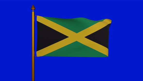National flag of Jamaica waving with flagpole on chroma key, Republic of Jamaica flag textile alt
