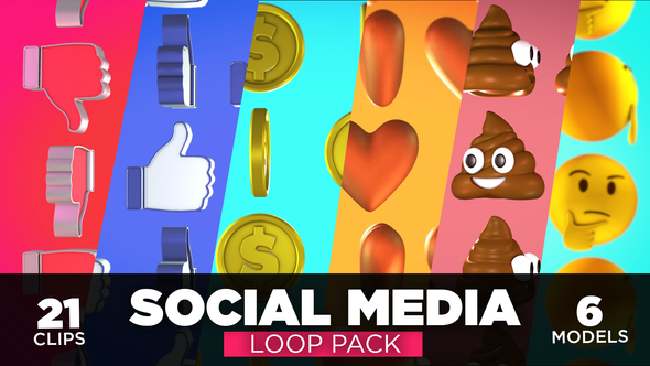Social Media 3D Icons Loop Pack / 21 clips / 6 models alt