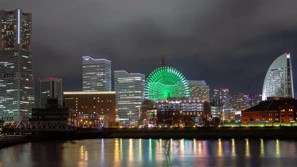 Night Yokohama Cityscape Ferris Wheel Timelapse alt