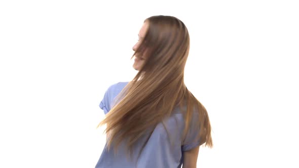 Slow Motion Goodlooking Carefree Caucasian Woman Waving Long Fair Hair Turning Head Sideways Smiling alt