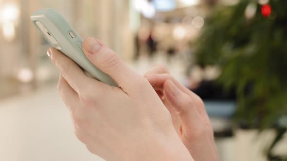 Closeup Unknown Female Hands Hold Mobile Phone Using Free Wifi App Typing Message Texting Modern alt