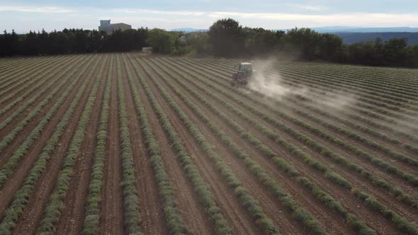 Industrial agriculture combine harvester machine reaping field cultivation aerial view alt