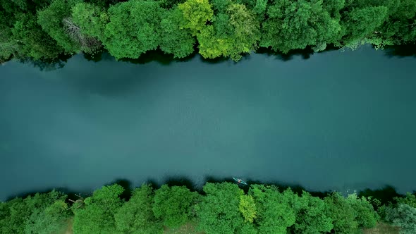 Aerial view of a person doing Kayak in Karlovac province, Croatia. alt