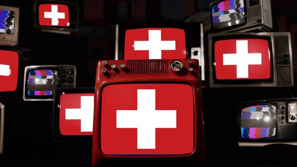 Flag of Switzerland on Retro TVs. 4K.