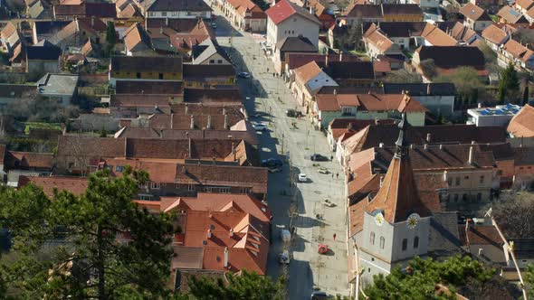 An aerial view of an old European city from the forest. Ukraine- 01 May 2022 alt