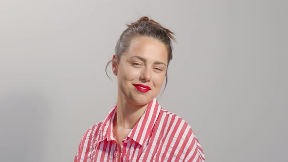 Video Portrait Caucasian Brunette Girl with Red Lips Wide Smiling