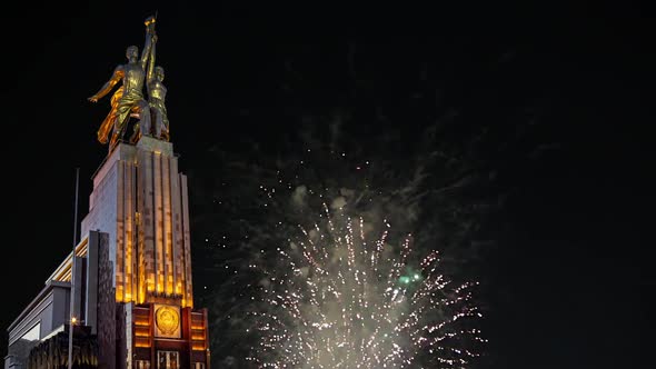 fireworks and soviet monument Rabochiy i Kolkhoznitsa, Moscow, Russia.Made of in 1937